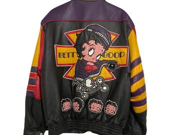 RARE POP Vintage 1990s Jeff Hamilton Betty Boop Icon Rock n Roll Americana Embroidered Leather Bomber Collectible Jacket L