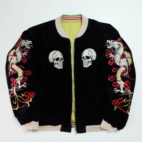 CROPPED HEADS Vintage Japanese Japan Velvet Snake Skull Peony
