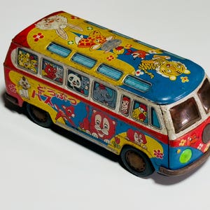 Vintage Japanese Tin “Dōbutsu Dobutsu Bus” Animal Zoo Bus, 1960s Friction Toy Van, VW Style, Colorful Lithographed Tin Toy Japan