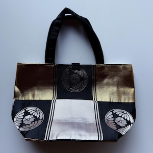 Vintage Japanese Kamon Obi Tote Bag, Black Gold Silver Checker, Handcrafted Upcycled Kimono Textile, Sustainable Fashion Statement