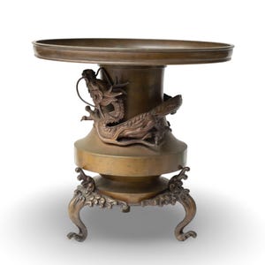 Exquisite Meiji Period Japanese Bronze Usubata Flower Vase with Coiled Dragon Relief & Tripod Base – Antique Ikebana Vessel