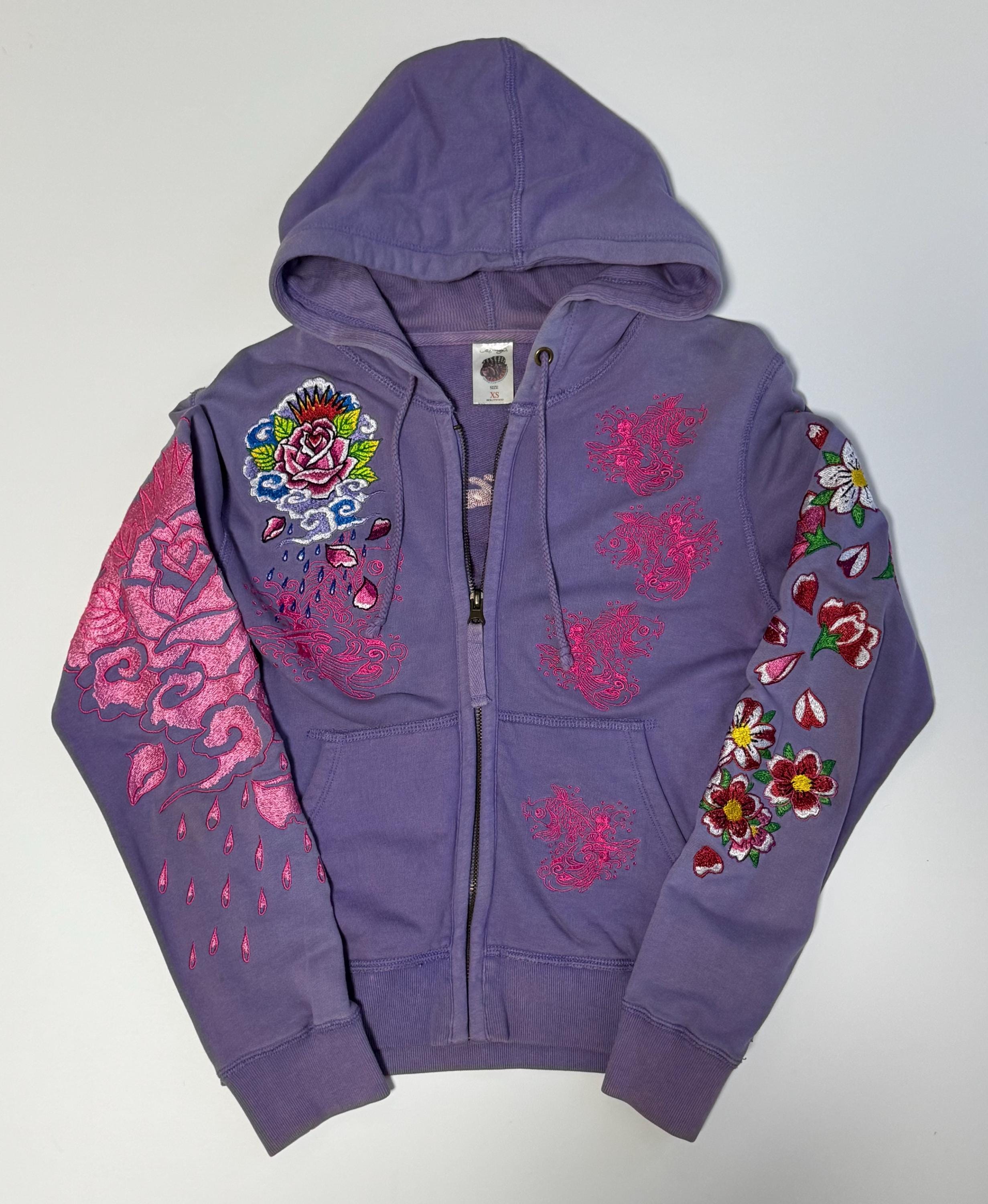 Rare Ed Hardy XS Purple Embroidered Hoodie – Y2K Tattoo Style Zip