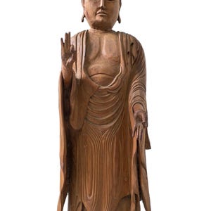 Japanese Wooden Standing Buddha Statue – Hand-Carved Shakyamuni in Vitarka Mudra – Antique Buddhist Temple Sculpture