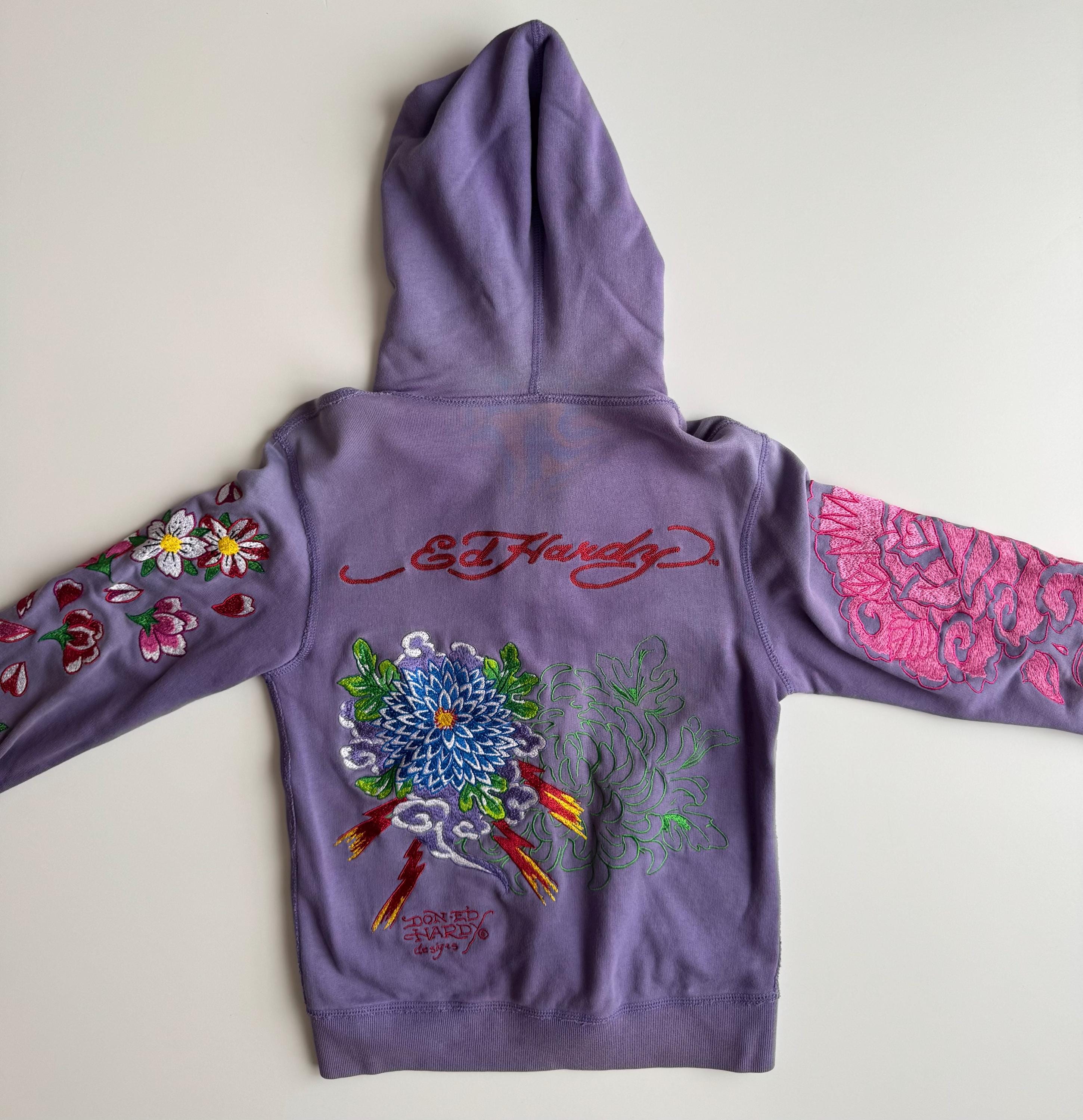 Rare Ed Hardy XS Purple Embroidered Hoodie – Y2K Tattoo Style Zip