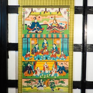 Antique Japanese Hina Matsuri Hanging Scroll | Doll Festival Emperor & Empress Court Scene | Edo-Meiji Era Woodblock Print Kakejiku Wall Art