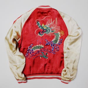 PINBALL Vintage Japaner Japan Dragon Shishi Lion Foo Dog Map Rot Schwarz Gestickte Yokosuka Jumper Bomber Sukajan Souvenir Jacket M