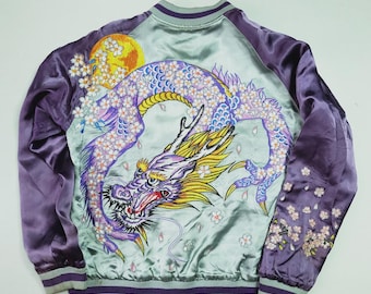 Vintage Japanese Japan Silver Purple Big Dragon Ryu Phoenix Maroon Sakura Cherry Blossoms Yokosuka Embroidered Bomber Sukajan Tour Jacket