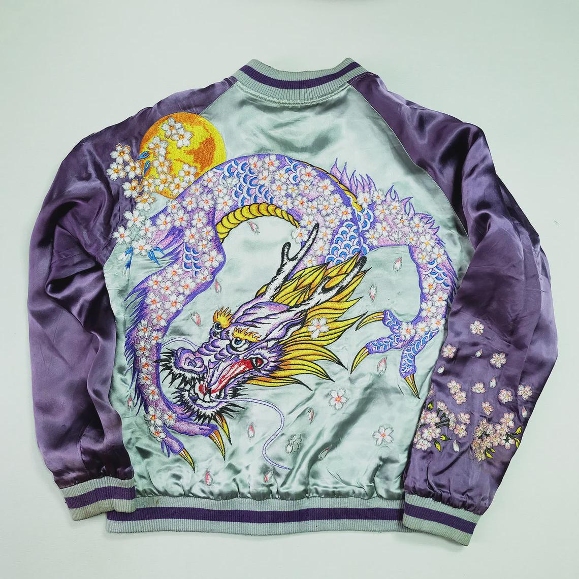 Vintage Japanese Japan Silver Purple Big Dragon Ryu Phoenix Maroon Sakura Cherry Blossoms Yokosuka Embroidered Bomber Sukajan Tour Jacket