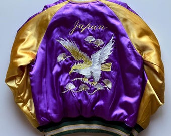 Classic Kawaii Pop Colors Vintage Japanese Japan Velvet Hawk Eagle Yellow Blue Embroidered Yokosuka Jumper Bomber Sukajan Souvenir Jacket L