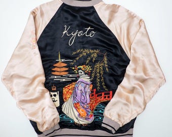 Vintage Japanese Japan Ukiyoe Punk Rock Skeleton Geisha Maiko Kyoto Embroidered Embroidery Yokosuka Jumper Bomber Sukajan Souvenir Jacket L