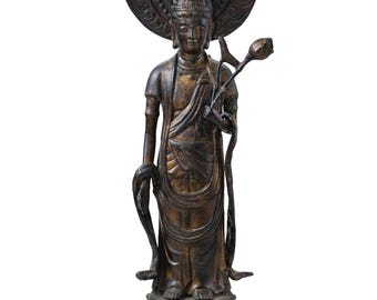 江戸時代の青銅製観音像 - 高さ30cm、穏やかな眼差しと流れるような衣