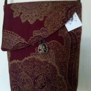 Burgundy wine tapestry fabric crossbody purse, 11 x 9 with inside pocket and brown cotton linen blend strap, handmade in Oregon