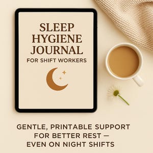 May include: A digital tablet displaying a printable sleep hygiene journal for shift workers. The journal is designed to help improve sleep quality and includes a crescent moon graphic with stars. The text on the tablet reads "SLEEP HYGIENE JOURNAL FOR SHIFT WORKERS" and "GENTLE, PRINTABLE SUPPORT FOR BETTER REST - EVEN ON NIGHT SHIFTS".