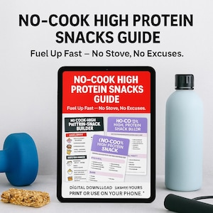 Puede incluir: Una guía digital con el título "No-Cook High Protein Snacks Guide" y el subtítulo "Fuel Up Fast - No Stove, No Excuses." La guía presenta una lista de ideas de refrigerios ricos en proteínas, que incluyen "No Cook-High Prittrin-Snack Builder", "Ho-Co 0% High Protein Shack Bu.Ldr" y "(No-Coo% High Protein Snack".