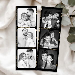 Puede incluir: Tiras de fotomatón en blanco y negro con parejas en varias poses. Cada tira tiene tres marcos con los nombres "MEAGAN + STEPHEN" y "THE JOHNSONS" impresos en la parte superior. La fecha "05.31.20XX" está impresa en la parte inferior de cada tira.