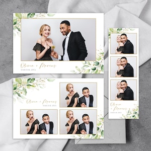 May include: Wedding photo cards with gold borders and floral accents. The cards feature photos of a couple, with the names "Olivia + Marcus" and the date "March 18, 20XX" printed on them.