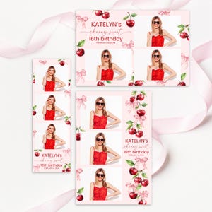 May include: Pink photo booth strips and cards with a cherry theme. The cards feature a young woman in a red top and sunglasses, along with cherry illustrations and the text "KATELYN'S cherry sweet 16th birthday FEBRUARY 14, 20xx."