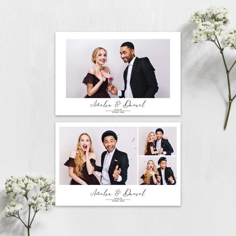 Modern classic wedding photobooth template Minimalist black & white editable overlay for photo booth Elegant frame 4x6 strip polaroid image 3