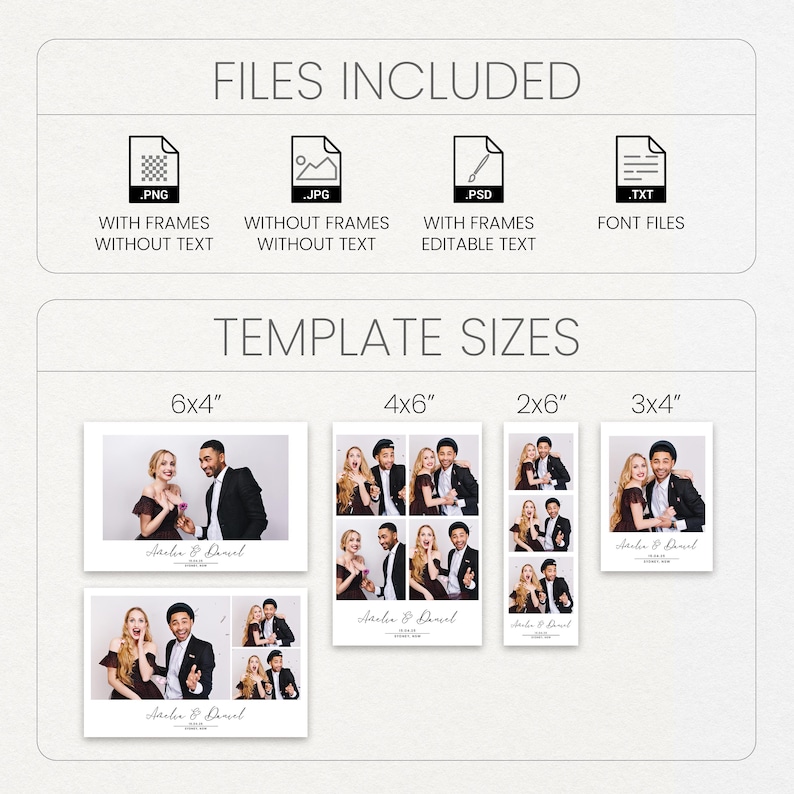 Modern classic wedding photobooth template Minimalist black & white editable overlay for photo booth Elegant frame 4x6 strip polaroid image 4