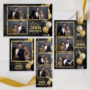 May include: A collection of black and gold 50th birthday photo booth cards. Each card features multiple photo frames with a couple, gold balloons, and the text "Marley's 50th Birthday".