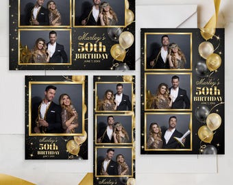 Gold & Black Balloons Photobooth Template Birthday Photo Booth Editable Party Photobooth Golden Anniversary 4x6 Strip Polaroid Template
