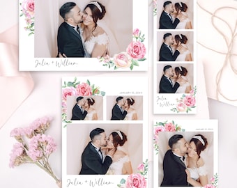 Plantilla editable para fotomatón con flores rosas y rubor. Superposición para fotomatón de boda con flores de primavera.