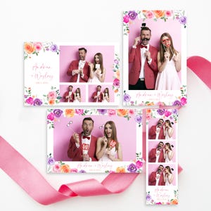 Peut inclure: Plusieurs tirages photo booth avec un fond rose, mettant en scène un couple posant avec des accessoires. Les tirages sont ornés de bordures florales roses, violettes et oranges. Les noms "Andrea + Wesley" et la date sont imprimés.