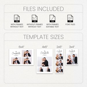 May include: A digital wedding template with file type icons and size options. Includes .PNG, .JPG, .PSD, and .TXT files. Template sizes are 15x10 cm, 10x15 cm, 5x15 cm, and 7.5x10 cm. The template features photos of a couple.