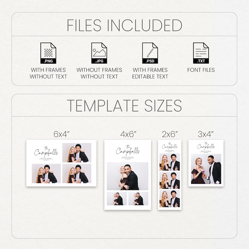 May include: A digital wedding template with file type icons and size options. Includes .PNG, .JPG, .PSD, and .TXT files. Template sizes are 15x10 cm, 10x15 cm, 5x15 cm, and 7.5x10 cm. The template features photos of a couple.