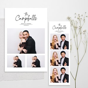 May include: A white wedding invitation featuring the text "The Campbells" in cursive script. The invitation includes photos of a couple, with the names Nadia & Thomas and the date 12.08.XX.