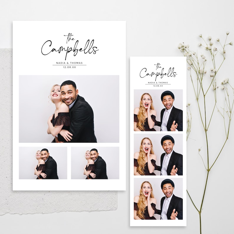 May include: A white wedding invitation featuring the text "The Campbells" in cursive script. The invitation includes photos of a couple, with the names Nadia & Thomas and the date 12.08.XX.