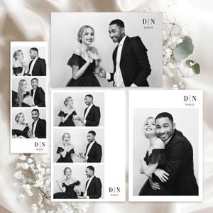 May include: Black and white engagement photo cards featuring a couple. The cards include a large photo and several smaller photo booth-style strips. The date and initials are printed on the cards.