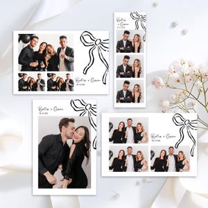 Könnte beinhalten: Eine Sammlung von Fotoautomaten-Abzügen mit schwarz-weißen Schleifenillustrationen und den Namen "Bella + Gavin" mit dem Datum "18.12.XX". Die Abzüge zeigen Fotos von Personen in formeller Kleidung, einige halten Sektgläser.