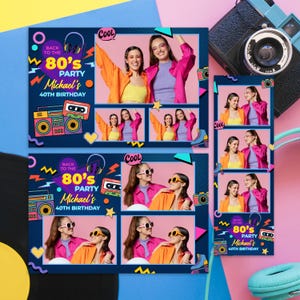 Puede incluir: Una plantilla de fotomatón con temática de los años 80 sobre un fondo azul oscuro con formas geométricas coloridas, un radiocasete y cintas de casete. El texto dice Back to the 80's Party Michael's 40th Birthday. Incluye marcos para fotos.