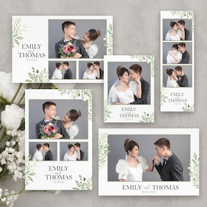 Watercolor greenery wedding photobooth template Editable elegant photo booth overlay  Minimalist frame Modern leaves photo booth template