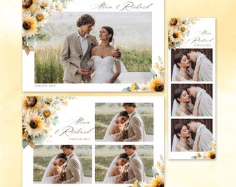 Puede incluir: Un conjunto de papelería de boda con motivos de girasoles y eucalipto. Los diseños incluyen fotografías de una pareja, los nombres Alicia & Richard y la fecha 18 de marzo de 20XX, impresos en letra cursiva sobre un fondo blanco.