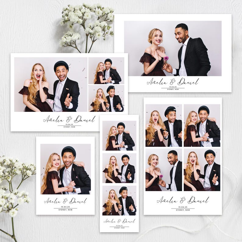 Modern classic wedding photobooth template Minimalist black & white editable overlay for photo booth Elegant frame 4x6 strip polaroid image 1