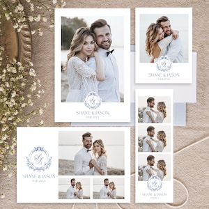 May include: Wedding stationery set featuring photos of a couple. The set includes various card sizes, each with a photo of the couple and the names "SHANE & JASON" and a date in blue script. The design incorporates floral elements.