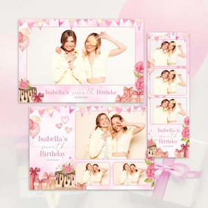 May include: Pink photo booth props with the text "Isabella's seventh Birthday" and the date 02.09.20XX. The props feature watercolor illustrations of balloons, flowers, gifts, and a cake. The photo booth props have pictures of two young women.