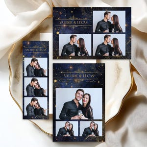 May include: Wedding photo booth cards with a dark blue celestial background and gold accents. The cards feature photos of a couple, with the names "Valerie & Lucas" and "New York, NY" printed on them.
