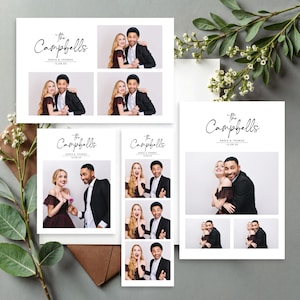 Peut inclure: Papeterie de mariage blanche avec le texte "the Campbells" en écriture manuscrite, les noms Nadia & Thomas et une date. La conception comprend des images de style photomaton d'un couple en tenue de soirée.