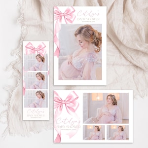 May include: Baby shower invitations in pink, featuring a watercolour bow and ribbon design. The invitations include a photo of a pregnant person in a pink dress. Text reads "Catelyn's Baby Shower" and the date.