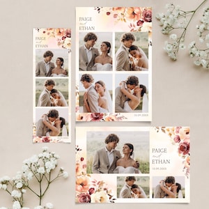 May include: Wedding photo collage with a couple in several poses. The design incorporates floral accents in peach, burgundy, and gold. The names "Paige and Ethan" are displayed, along with the date "10.09.20XX".