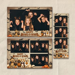 May include: A collection of three photo booth strips featuring children in Halloween costumes and illustrations of dogs in costumes with pumpkins and bats. The text Happy Howl-O-Ween is printed in a decorative font at the bottom of each photo layout.