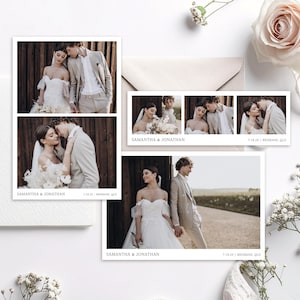 Puede incluir: Conjunto de invitaciones de boda con fotografías de una pareja. El conjunto incluye una tarjeta cuadrada con dos fotos, una tarjeta rectangular con tres fotos y una foto de la pareja. El texto "SAMANTHA & JONATHAN" y la fecha y el lugar están impresos en las tarjetas.