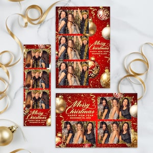 Könnte beinhalten: Rote Weihnachts-Fotostreifen mit goldenen Ornamenten und dem Text "Merry Christmas Happy New Year December 20, 20XX". Die Streifen zeigen Fotos von feiernden Menschen.