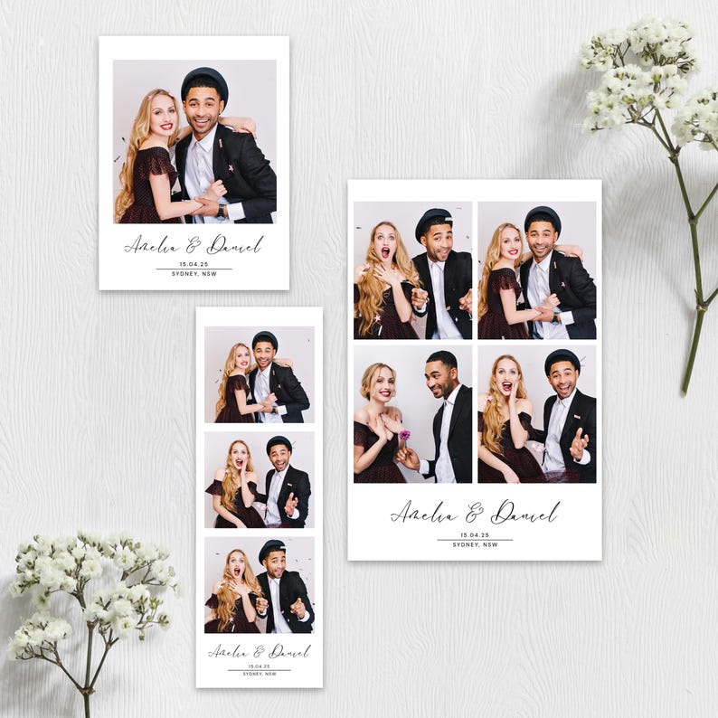 Modern classic wedding photobooth template Minimalist black & white editable overlay for photo booth Elegant frame 4x6 strip polaroid image 2