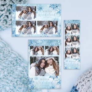 May include: Photo booth strips with a winter theme. The strips feature photos of two women wearing winter hats, scarves, and gloves. The background is light blue with snowflake and text that reads "Winter Wonderland" and the date.