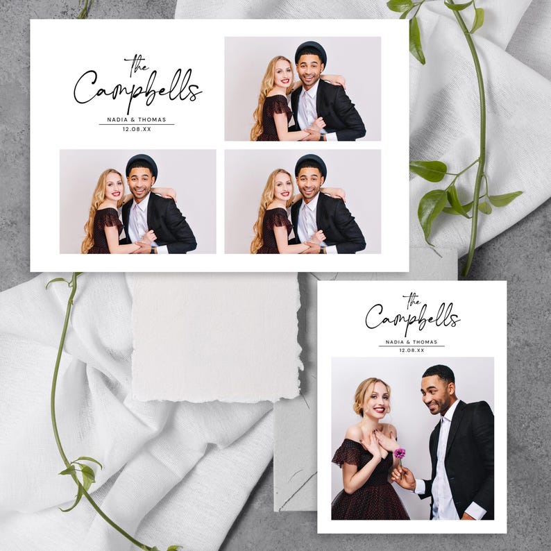 May include: Wedding stationery with a photo collage and a single photo card. The text "The Campbells" is in elegant script, with the names Nadia & Thomas and a date below. The photos show a smiling couple in formal attire.