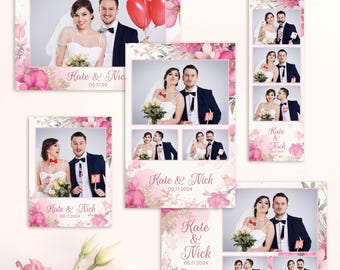Blush floral wedding photobooth template editable photo booth overlay spring pink flowers photobooth frame 4x6 strip polaroid template